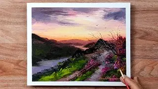 Mesmerizing Twilight / Acrylic Landscape Painting on Paper / Hamlet Shougrakpam Art