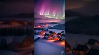 Dazzling aurora borealis over a snow-covered village, animation Artificial intelligence  ai art