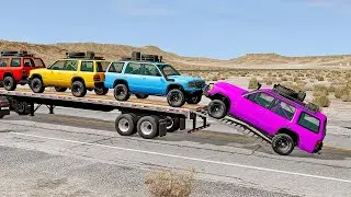 Four Trucks Transporting cars with Flatbed Trailers | Cars vs Speedbump vs Train vs Pothole #016