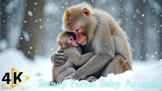 Snowy Forest Baby Animals 4K | Soft Music for Peace & Balance
