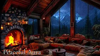 Cozy Winter Cabin Fireplace 🔥❄️ | Rainy Night Ambience & Mountain View | Relax &bull; Sleep &bull; Study