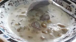 فول باللبن (زبادي). حبوب الفول الأخضر باللبن، مشمشيه، green broad beans with salty yogurt, (fava(