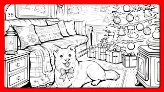 Color by Number Cozy Christmas Living Room with puppy Color Oasis #coloringbook
