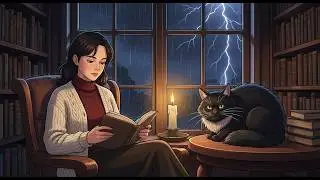 Alone in the Old Library 📚🕯️ Midnight Reading & Candlelight in the Storm | Ghibli Style ASMR