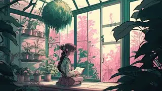 Vaporwave lofi japanese girl in tiny bonsai greenhouse