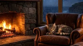 Cozy Winter Cabin with Fireplace & Rainy Outside | Relaxing Ambience