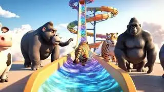 Long Slide Game With Cow Elephant Gorilla Hippopotamus Tiger - 3d Animal Game - Funny 3d Animals