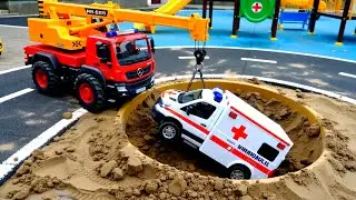 Excavator Finds Surprise Toys in the Sand! Car Rescue & Wash with Police Car & Fire Truck!