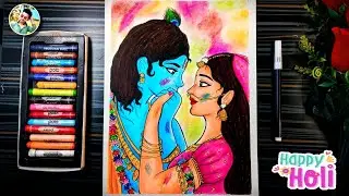 RadhaKrishna Playing Holi drawing with oil pastel/Holi drawing Easy/ Holi drawing Radha Krishna easy