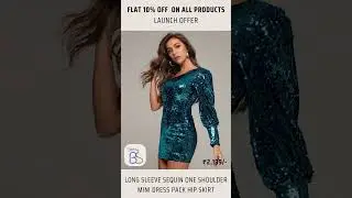 Long Sleeve Sequin One Shoulder Mini Dress Pack Hip Skirt