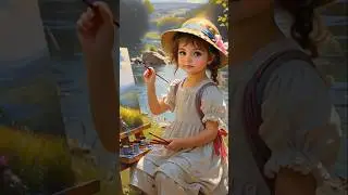 Little Girl Painting by the Lake in a Beautiful Valley