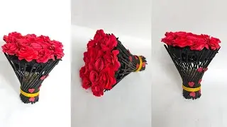 DIY beautiful rose bouquet at home/ handmade paper bouquet of roses/beautiful flower vase with rose