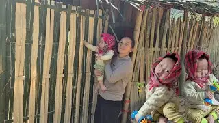Single mother Ly Thi Hoa cut bamboo to complete the gate of her house.