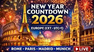 New Year Countdown 2026 &mdash; Europe (CET &bull; UTC+1) 🎆 Live | Rome &bull; Paris &bull; Madrid &bull; Munich