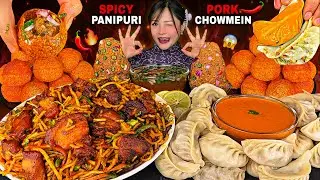 Deadly Spicy Panipuri Challenge🔥😱Fatty Pork Chowmein🌶️With Buffalo Momo🥟| NEPALI MUKBANG |