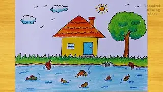 How to draw house with pond scenery | Simple Landscape Drawing|| Scenery Drawing