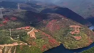 The colorful mountains and the shadow of the lake outline the middle mountain in autumn. #Shanxi