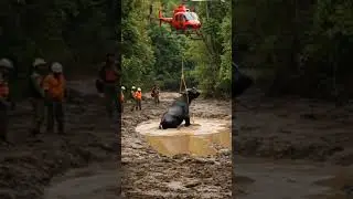 Buffalo Trapped: Helicopter Saves From Deep Muddy Trap #shorts #buffalo #rescue #ai #animals