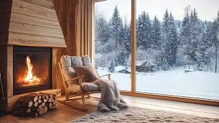 3 Hours Winter Living Room with Snowfall Outside │ Warm Indoor Ambience & Soft Fireplace Sounds
