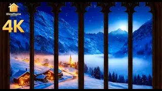Deep Sleep Instantly: Cozy Winter Village Window ❄️ Blizzard Sounds & 4K Projector Screensaver