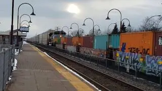 WINTER TRAINS CP Heritage SD70ACU 7014 DPU on Westbound Freight and Stacks