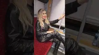 Granate Travelling walking public, train trip to #Savona, short coat, crotch high boots, high heels