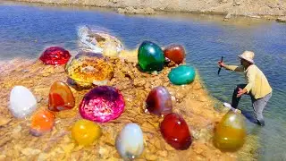 Gems and crystals are formed along the banks of deep rivers. Diamonds, gems, gold, pearls, Gemstone.