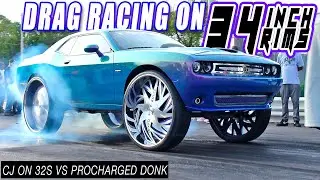 CJ ON 32S PROCHARGED CHALLENGER on 34s VS PROCHARGED DONK - $5000 Racing on Rucci  Car Show