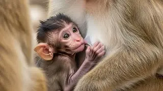 A Sweet Hug: Baby Monkey Holding Mom While Hungry