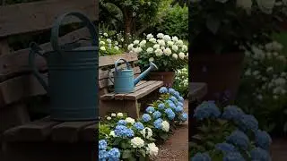 A rustic English garden a surrounded by white roses and  blue hydrangeas (@modernheritagehome )