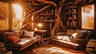 🍂˚⋆. Autumn Tree House *&bull;.🍁.&bull;* Ambience ASMR - Wind, Soft Rain, Cat Purring, Wood creaking ⋆˚🍂