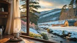 Cozy Winter Farm Window Ambience ❄️ Morning Coffee Views | Nature & River Sounds for Sleep or Focus