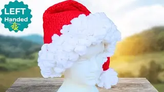 Как связать крючком шапку Санты левой рукой из обычной пряжи!