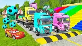 Тройной прицеп-платформа McQueen Transportation с грузовиком &mdash; Speedbumps vs Cars vs Train &mdash; Beam...