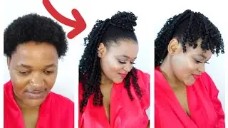 Faux curly bangs/ bun on short natural hair/ styling your own short hair/ No cornrows no crochet