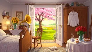 Cozy 1950s spring morning with sunlight, flowers, and oldies playing in another room for unwind