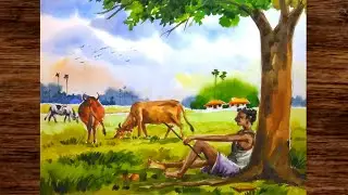 Cowboy with cow scenery drawing step by step with water colour/Cows  and man drawing