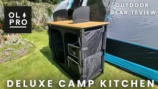 Olpro Deluxe Camp Kitchen with double cupboard, bamboo worktop and windshield. Outdoor gear review.