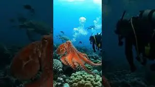 Underwater Adventure: Diver Meets Octopus and Turtle #OceanWorld #DiveAdventure #UnderwaterLife