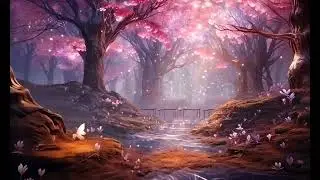 Magical pink canopy glimmers above serene forest water video animation, ai generated