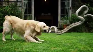 The golden retriever bit the snake away to prevent the cat from getting hurt.