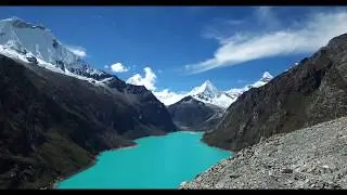 Drone video over Laguna Parón, Huascaran National Park, Huaraz, Peru - Peruvian Andes from Above