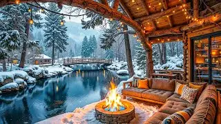 Winter Forest Campfire | Cozy Porch Vibes with River & Nature Sounds for Relaxation