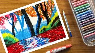 Beautiful Autumn scenery drawing with oil pastel for beginners / Nature-  Trees- Park- step by step.