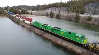 Awesome 4K View of a Sweet Lashup! Long Freight Train CN 594 West Crossing Lake at Brookville, NB