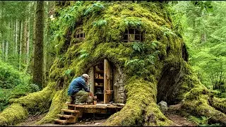 How to Build a Long Term Winter Shelter: Giant Tree Trunk House & Catch and Cook