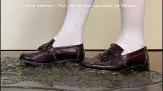 See-through barefoot shoes, penny loafers, long socks keep slipping off feet while crossing glue