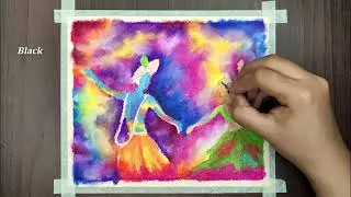 Easy! Radha Krishna Holi Festival Drawing with Oil Pastel for Beginners - STEP by STEP