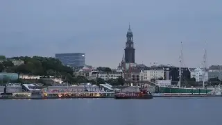 Hamburg, Germany: Steinwerder, Harbor, view to Landing Stages, dusk, nightfall - 4K Video Photo