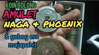 koin bolong amulet nusantara dan cina - bergambar naga, burung phoenix dan tokoh wayang